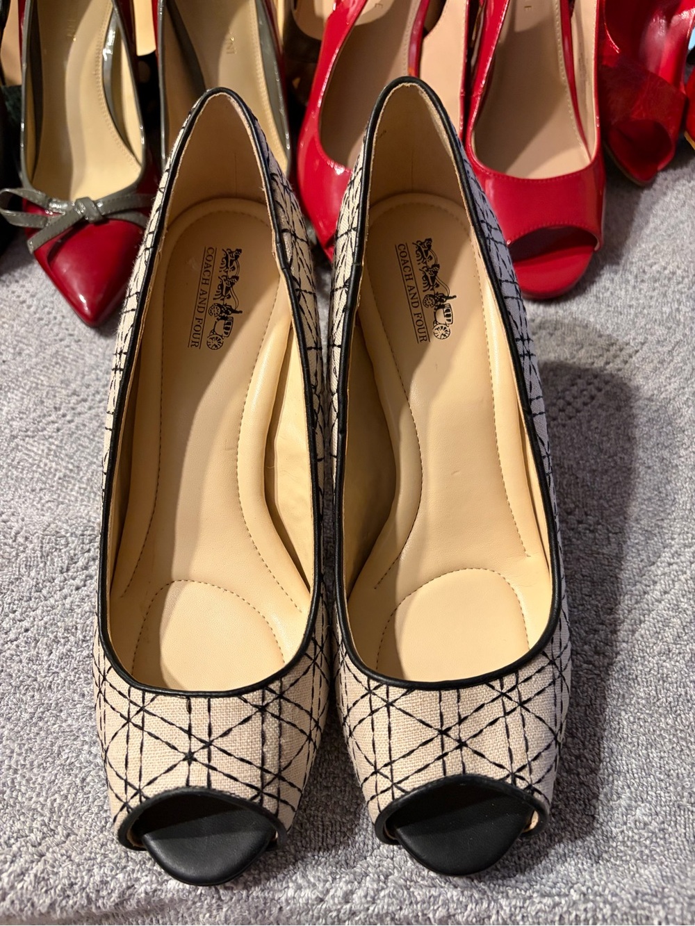 Coach Peep-Toe Heels in Cream and Black Geometric Canvas
